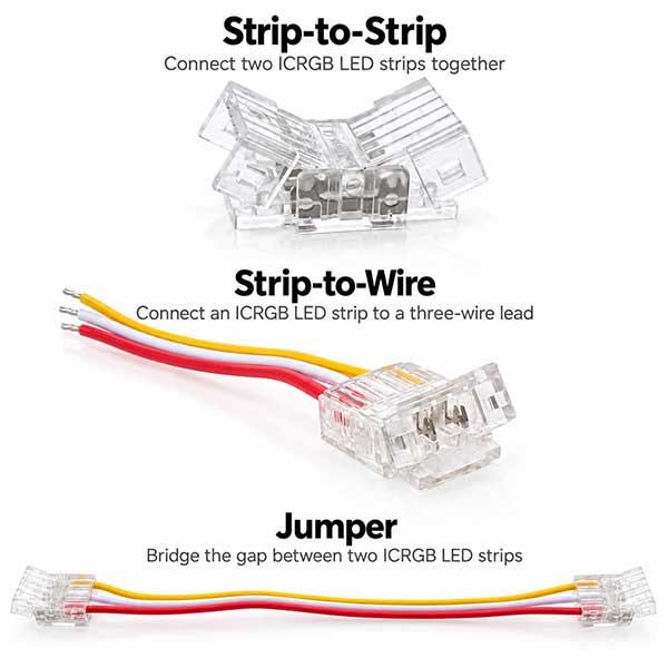 Comparison of strip-to-strip, strip-to-wire, and six-inch jumper connectors for ICRGB LED strips