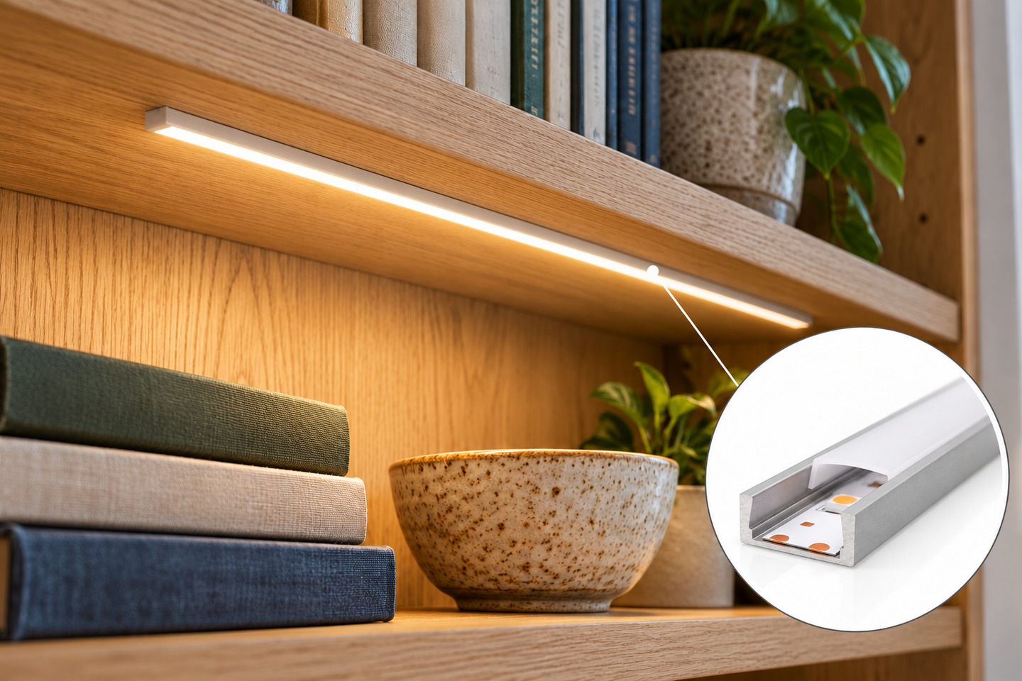 Illustrated shelf-lighting installation with a circular close-up of the LO-TRACK-1M slim aluminum channel and frosted cover