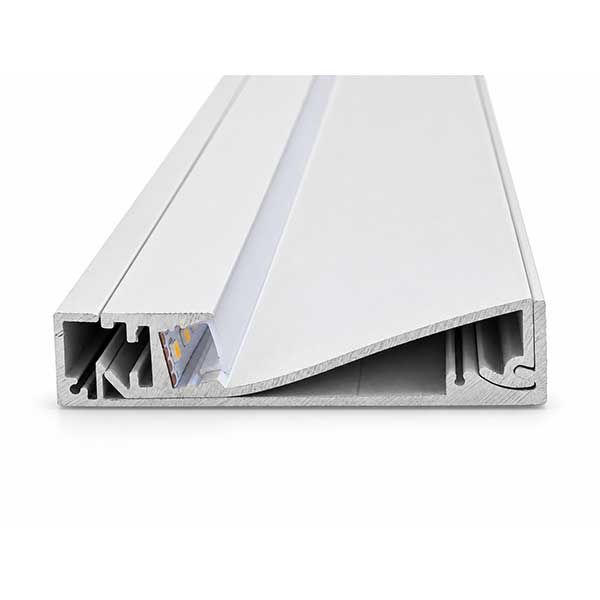 Baseboard channel cross-section with LED strip positioned in the recessed light compartment