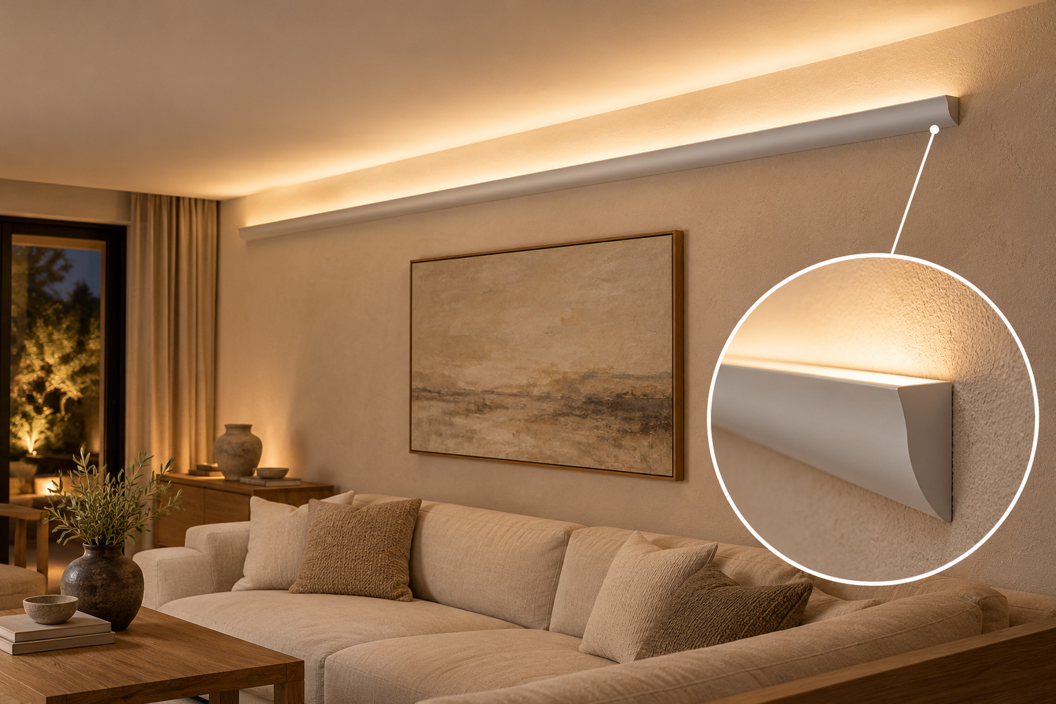 Hospitality lounge with crown molding LED channel mounted below the ceiling and a circular profile close-up