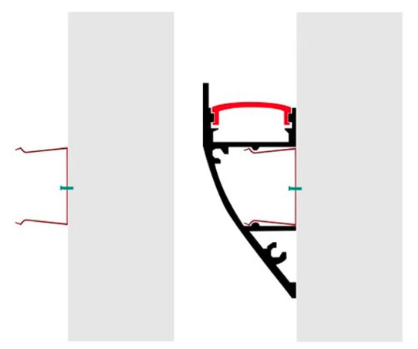 Installation diagram showing clips secured to a wall and the crown molding channel pushed onto them with its light opening facing upward