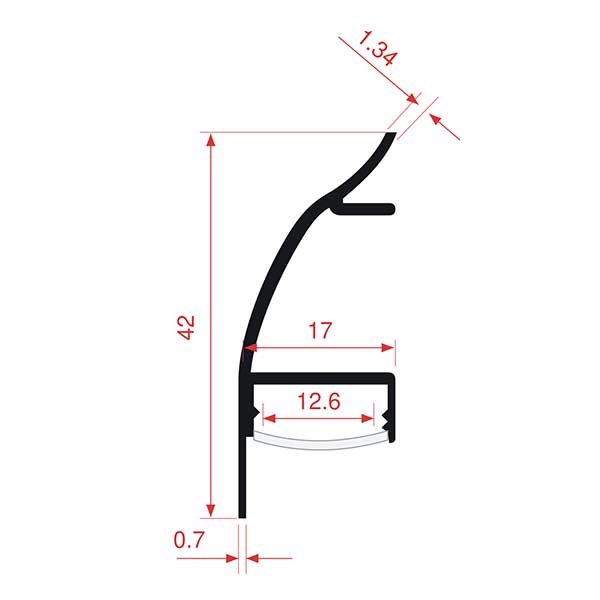 LO-TRACK-CV cross-section with 42mm profile height, a 17mm section dimension, and 12.6mm internal compartment dimension