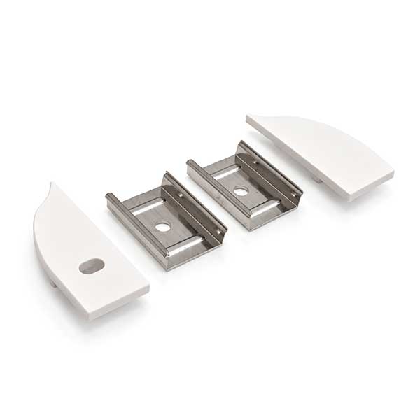 Mounting clips and matching curved end caps, including an end cap with a cable opening