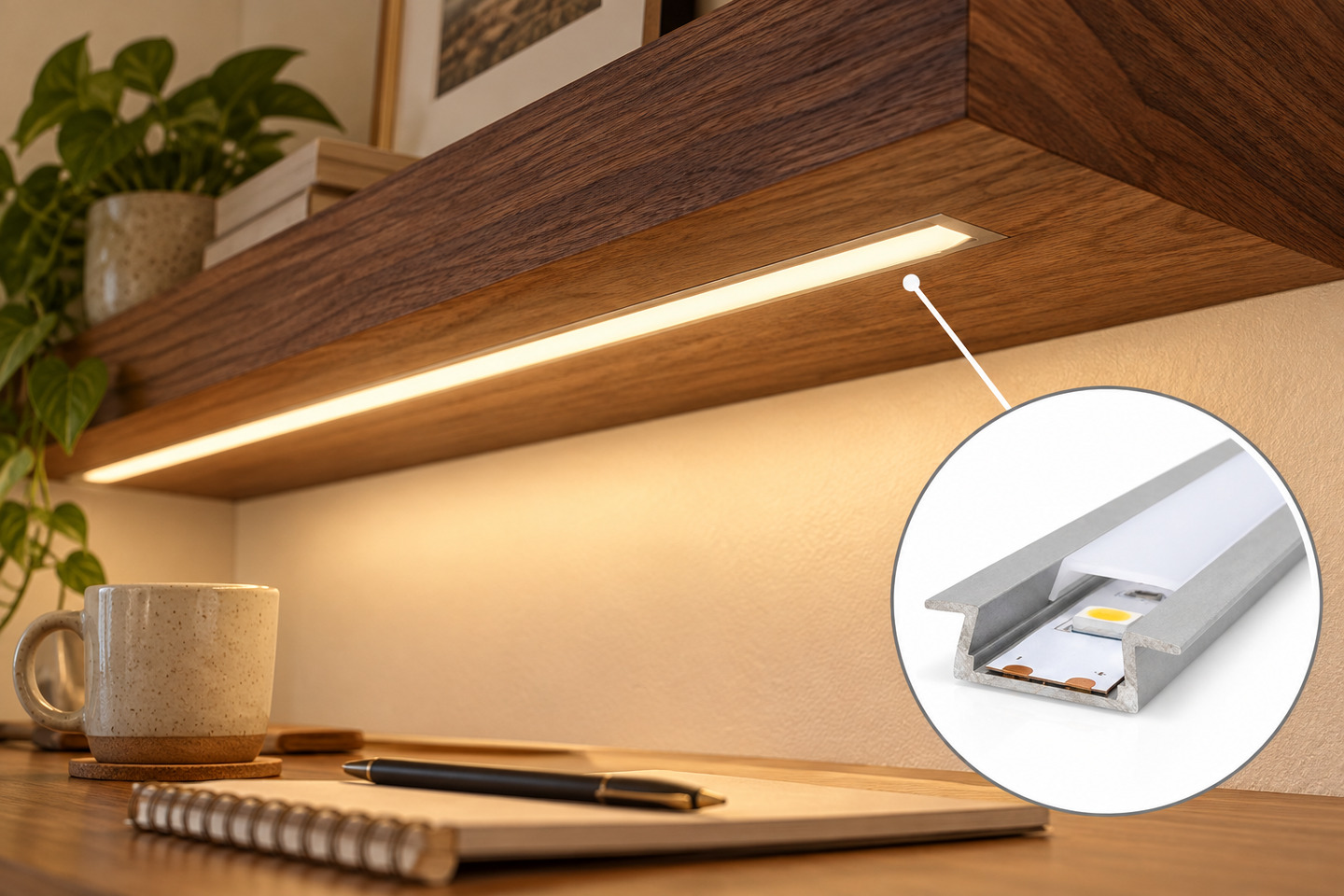 Illustrative walnut shelf installation showing an LED channel recessed into the underside, with thin trim edges and a circular product close-up