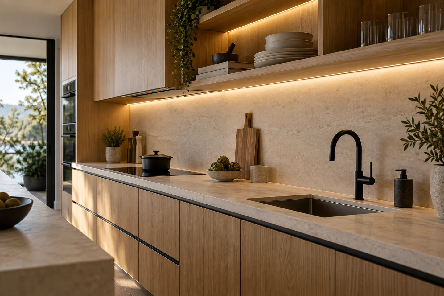 Illustrative kitchen with warm-white linear lighting beneath natural oak cabinets.