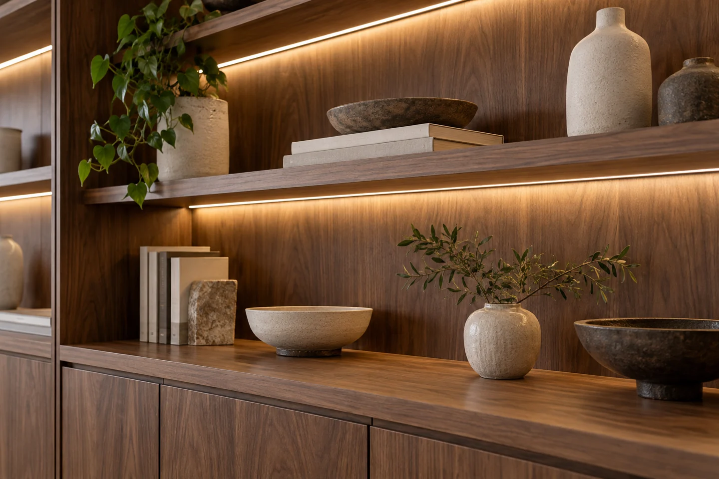 Illustrative walnut shelving with continuous warm-white LED lighting beneath each shelf.