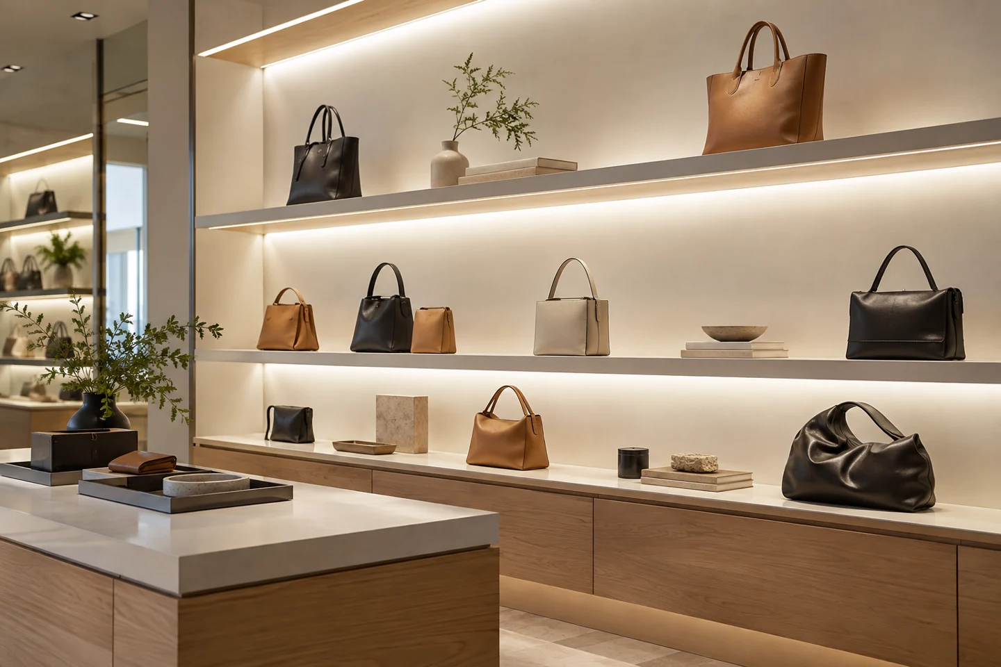 Illustrative boutique display shelves illuminated by concealed linear LED lighting.