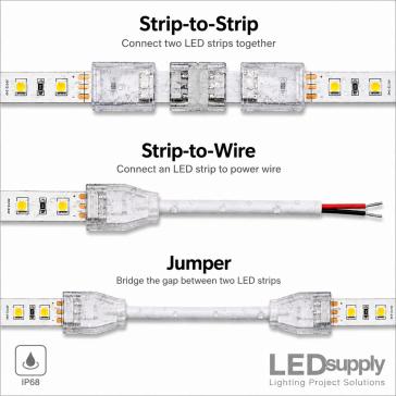 10mm White LED Strip Connector: IP68 High Temp, Submersible - Easy Push-Down Design with 6" Wire